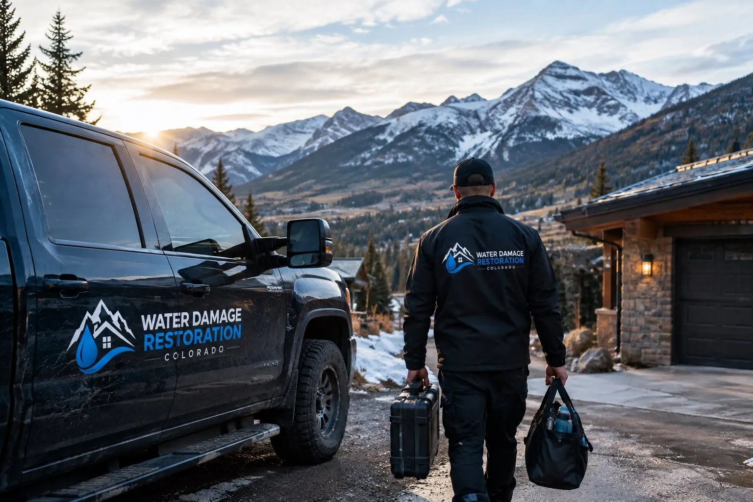 A restoration technician walking from a branded pickup toward a stone-and-timber mountain house, an equipment case in one hand and a tool bag in the other, snow-capped peaks behind